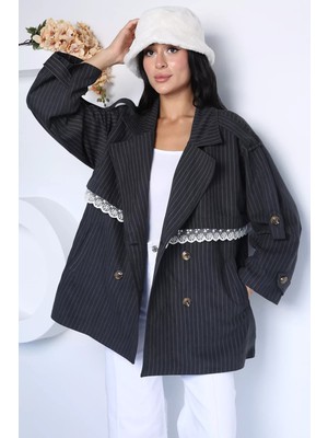 Gülseli Dantel Detaylı Çizgili Trençkot P-00023173