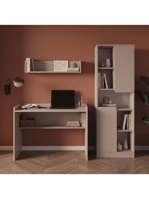 Bimossa U2130 Daffy Çalışma Odası Takımı Kumtaşı Çalışma Masası, 183 cm Kitaplık ve Duvar Raflı 3 Parça Set