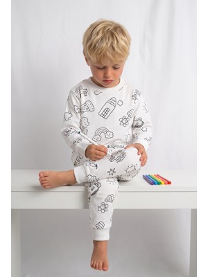 Minipomes Yıkanabilir Boya Hediyeli Colorbook Uzun Kol Çocuk Pijama Takım Beyaz