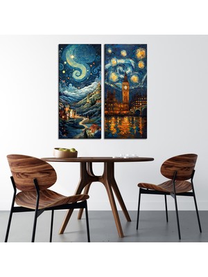 Tilki Dünyası 2'li Van Gogh Yıldızlı Gece Sanat Temalı Kanvas Tablo - Şehir ve Gece Duvar Dekoru - 30X70 cm