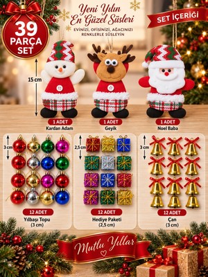 Biton Toptan 39 Parça Yılbaşı Ağacı Süs Seti Noel Baba Kardan Adam Geyik Top Çan Hediye Paketi Dekorasyon