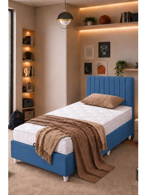 Setay Baza Seti, Alessa Tek Kişilik Baza Başlık Maxi Yatak Seti, Mavi - 90X190 cm