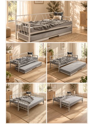 MetaLiga Vega Yavrulu Daybed Metal Karyola 90X190 - 90X200 – Açılır Alt Yatak ile Çift Kişilik Kullanım, Ayrılabilir Iki Karyola, Yataklar Hariç