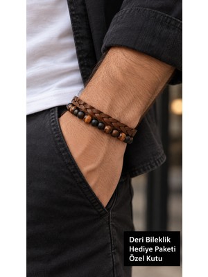 Herşey Nota Hervano Earthline Beads Kahverengi Deri Erkek Bileklik - Toprak Tonlu Boncuk ve Örgü