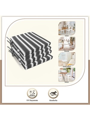 Monolisse Stripe 4'lü Fermuarlı Bağcıklı Sandalye Minderi Gri 40 x 40 cm