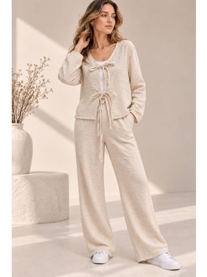 Benedetto Yeni Sezon %100 Keten Bağlama Detaylı Ceket Palazzo Pantolon Kadın Ikili Takım