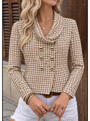 TeknoKapsül Kazayağı Desenli Kruvaze Blazer Ceket - Beyaz / S