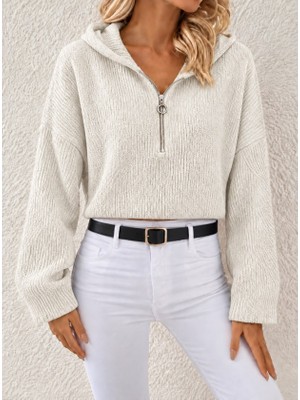 TeknoKapsül Kapüşonlu Fermuarlı Dokulu Sweatshirt - Beyaz / S