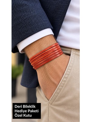 Herşey Nota Bresmino Terracotta Wrap Kiremit Rengi Deri Erkek Bileklik - Çok Sıralı Sarma Model