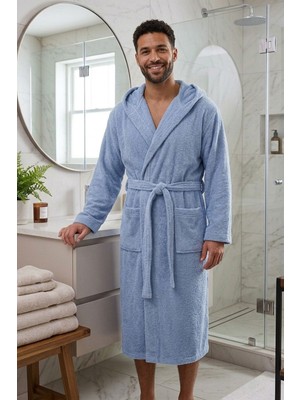Varol Unisex %100 Pamuk Kapüşonlu Bukle Havlu Bornoz – Diz Altı - Mavi - L/xl