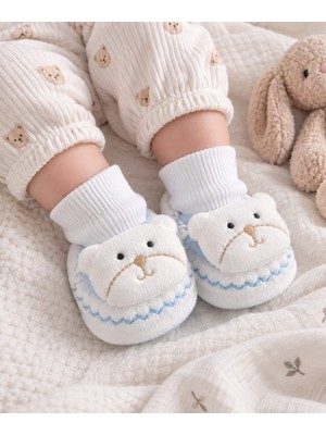 Babys Tasarım Yenidoğan Bebek Patik Ayakkabı Peluş Ayıcık Nakışlı Kışlık Çorap Patik Mavi Çizgili