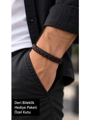 Herşey Nota Delsario Coal Plait Antrasit Siyah Deri Erkek Bileklik - Kalın Çapraz Örgülü Tasarım