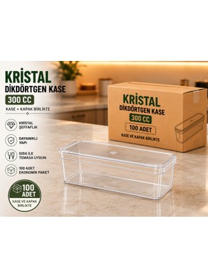 Antpap Ambalaj Dikdörtgen Kristal Kase + Kapak 100 Adet – Şeffaf Plastik Servis Kasesi