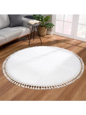 Valery Home Yuvarlak Comfort Puffy Ponpon Saçaklı Peluş Halı Beyaz