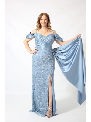 Moda Berray 2413 Indigo Saten Kombinli Gliter Abiye Elbise