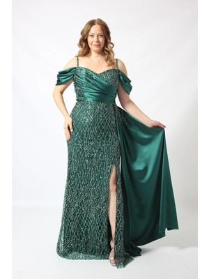 Moda Berray 2413 Zümrüt Yeşili Saten Kombinli Gliter Abiye Elbise