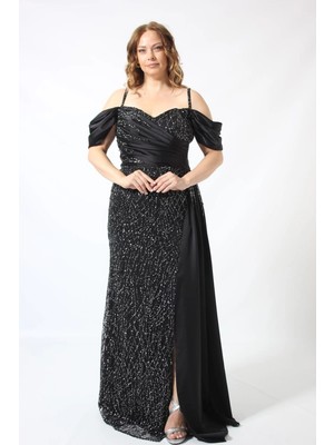 Moda Berray 2413 Siyah Saten Kombinli Gliter Abiye Elbise