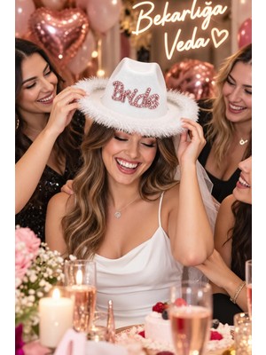 Dodomar Bride Taşlı Kovboy Şapkası Bekarlığa Veda Lüks Beyaz Tüylü Pembe Yazılı