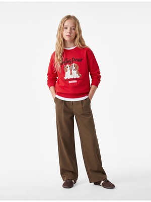 Koton Köpek Baskılı Uzun Kollu Bisiklet Yaka Üç Iplik Şardonlu Sweatshirt