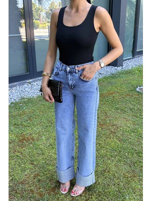 Gülseli Kadın Yüksek Bel Likralı Paça Taşlı Jean Kot Pantolon P-00022469