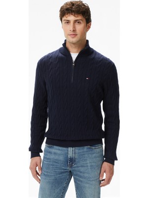 Tommy Hilfiger Classic Cotton Cable Zip Mock Erkek Mavi Yarım Fermuarlı Triko
