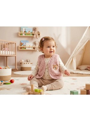 The Cloudish Shop Bebek Peluş Yelek Punch Ayıcık Nakışlı - Pembe