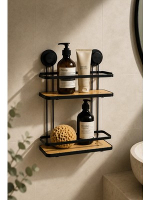 Robin Home Metal Bambu Vakumlu Yapışkanlı Banyo Rafı 2 Katlı Duş Içi Düzenleyici