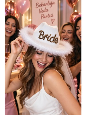 Dodomar Bride Beyaz Taşlı Tüylü Kovboy Şapkası Bekarlığa Veda Partisi Gelin Şapkası