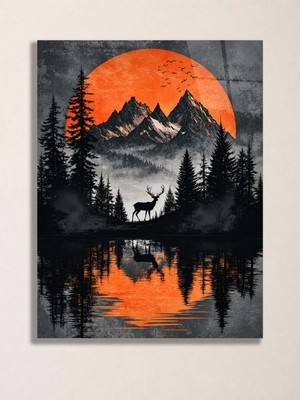 North Whiskers Geyik ve Dağ Manzaralı Metal Tablo - Gün Batımı Doğa Duvar Dekoru, Metal Poster Wall Art