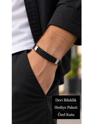 Herşey Nota Kalverin Shadowplait Siyah Deri Erkek Bileklik - Üçlü Siyah Örgü Bant