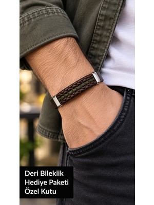 Herşey Nota Mordelis Mossweft Kahverengi Deri Erkek Bileklik - Haki Üçlü Örgü