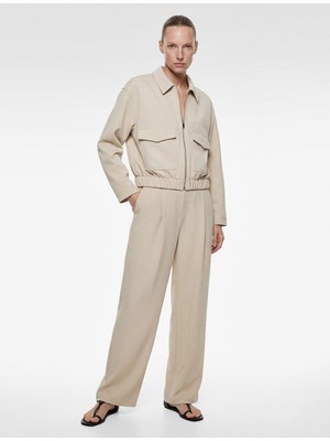 Koton Uzun Kollu Cepli Fermuarlı Gabardin Crop Bomber Ceket