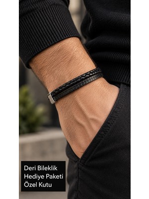 Herşey Nota Harvion Crossgrain Siyah Deri Erkek Bileklik - Örgü ve Kare Dokulu Bant