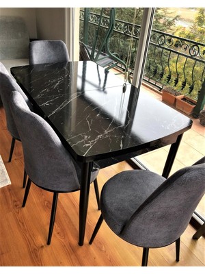 Canisa Concept Modern Tasarım Açılabilir Mutfak Masası Takımı 80x132 cm Siyah Mermer Desen Suntalam