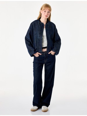 Koton Pamuklu Dik Yaka Cepli Uzun Kollu Taşlı Denim Ceket