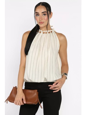 Gülseli Yaka Boncuk Detaylı Çizgili Bluz P-00022792