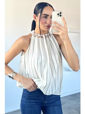 Gülseli Yaka Boncuk Detaylı Çizgili Bluz P-00022792