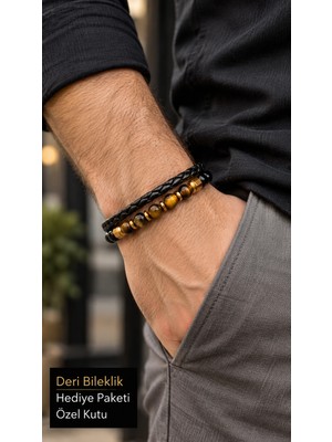 Herşey Nota Tamberis Tigergrain Siyah Deri Erkek Bileklik - Kahve Boncuk ve Örgü
