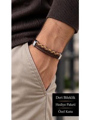 Herşey Nota Orselyn Gildthread Kahverengi Deri Erkek Bileklik - Altın Tonlu Örgü Şerit