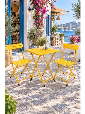 Eportatif Katlanır Metal Balkon Bahçe Bistro Masa Sandalye Seti 2 Kişilik 1 Masa 2 Sandalye Sarı 1640