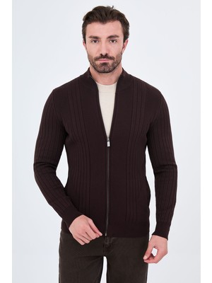 MCR Çizgili Slim Fit Kaşmir Fermuarlı Yandan Cepli Dik Yaka Erkek Triko Hırka