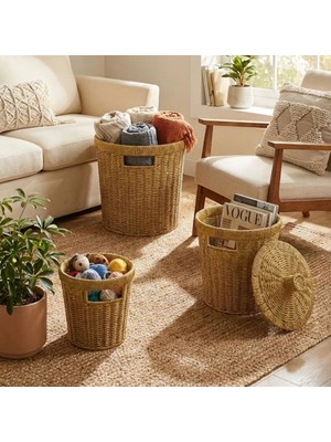 Eco Lounge 3’lü Iç Içe Geçebilen Büyük Plastik Rattan Hasır Sepet Seti-Dayanıklı Çok Amaçlı Ev,banyo ve Mutfak Düzenleyici BX40