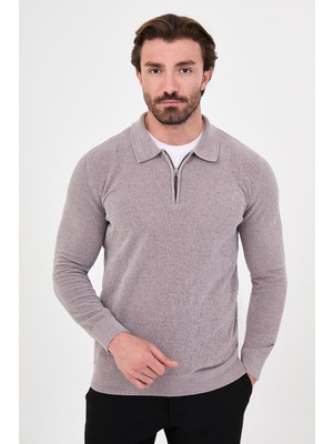 MCR Düz Slim Fit Polo Yaka Fermuarlı Şönil Erkek Triko Kazak