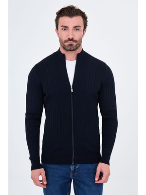 MCR Çizgili Slim Fit Kaşmir Fermuarlı Yandan Cepli Dik Yaka Erkek Triko Hırka