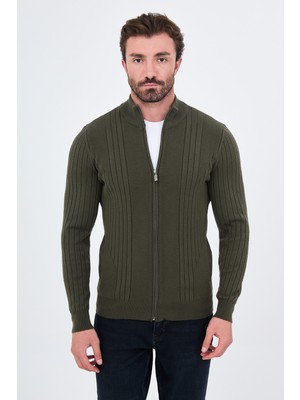 MCR Çizgili Slim Fit Kaşmir Fermuarlı Yandan Cepli Dik Yaka Erkek Triko Hırka