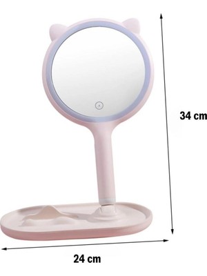 Eco Lounge Kedi Kulaklı Telefon Standlı Yuvarlak Dokunmatik LED Ayarlı Masa Üstü Makyaj Aynası BX40