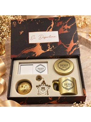 Bk Gift Kişiye Özel Isimli Gold Kahve Fincanı & Mum & Mdf Altlıklı Dekor & Anahtarlık - Hediye Kutulu Gold Set-3