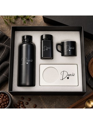 Bk Gift Kişiye Özel Isimli Siyah Cam Suluk & Kahve Fincanı & Türk Kahvesi & Mdf Bardak Altlığı - Hediye Kutulu Siyah Set-5