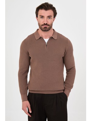 MCR Fitilli Slim Fit Polo Yaka Fermuarlı Erkek Pamuk Triko Kazak