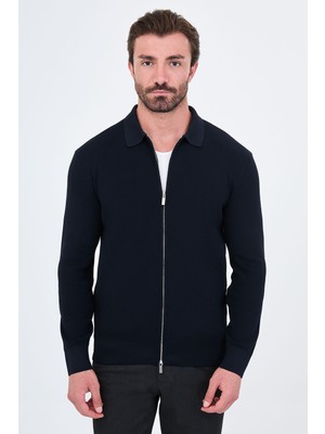 MCR Düz Slim Fit Gömlek Yaka Fermuarlı Pamuk Erkek Triko Hırka